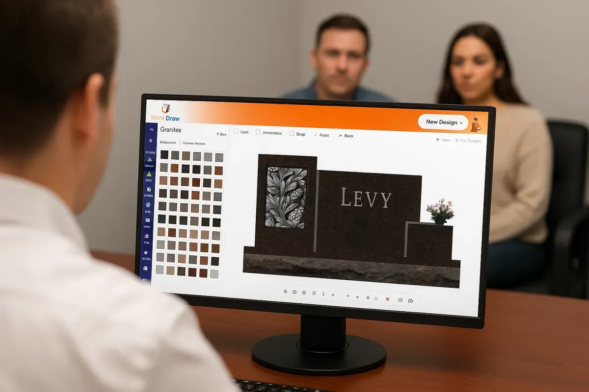 MonuDraw headstone design interface with text editing and shape tools