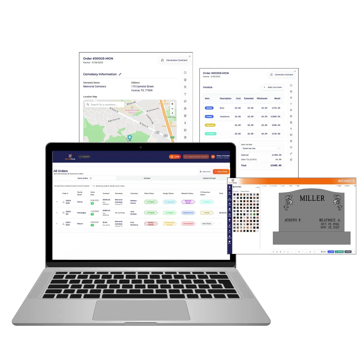 MonuCore platform showing CRM, order management, and reporting dashboards